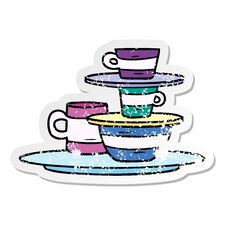 Distressed Sticker Cartoon Doodle Of Colourful Bowls And Plates Stock Photography