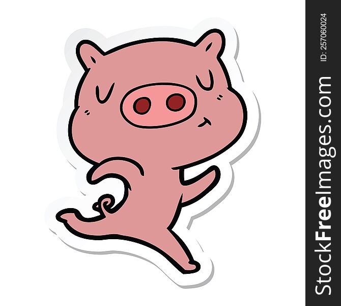 Sticker Of A Cartoon Content Pig Running