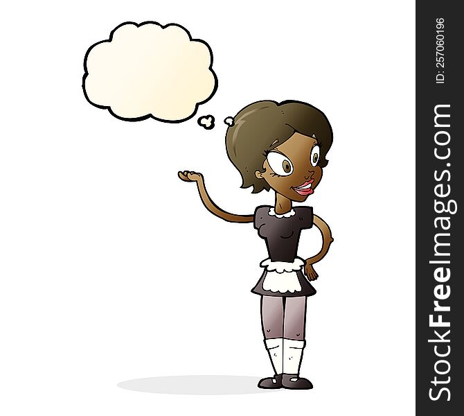 cartoon woman in maid costume with thought bubble