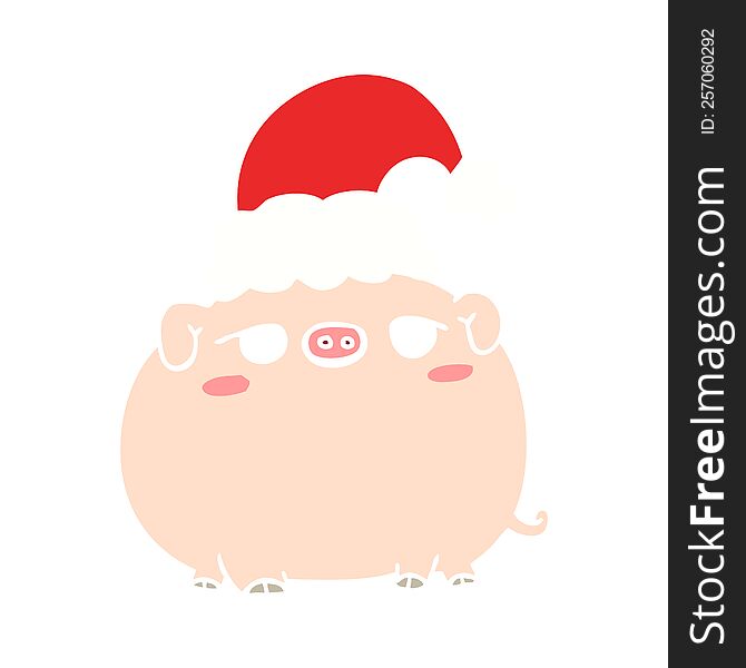 Flat Color Style Cartoon Pig Wearing Christmas Hat
