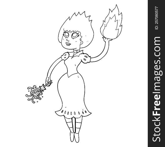 freehand drawn black and white cartoon vampire girl casting fireball