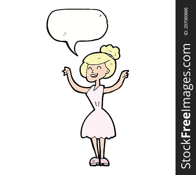 cartoon woman with raised arms with speech bubble