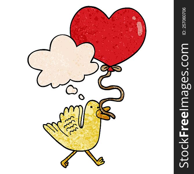 Cartoon Bird With Heart Balloon And Thought Bubble In Grunge Texture Pattern Style