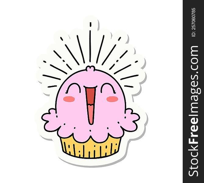 Sticker Of Tattoo Style Happy Singing Cupcake