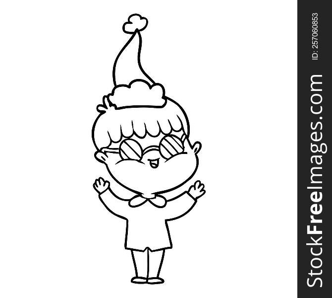 Line Drawing Of A Boy Wearing Spectacles Wearing Santa Hat