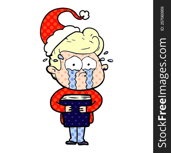 Comic Book Style Illustration Of A Crying Man Holding Book Wearing Santa Hat