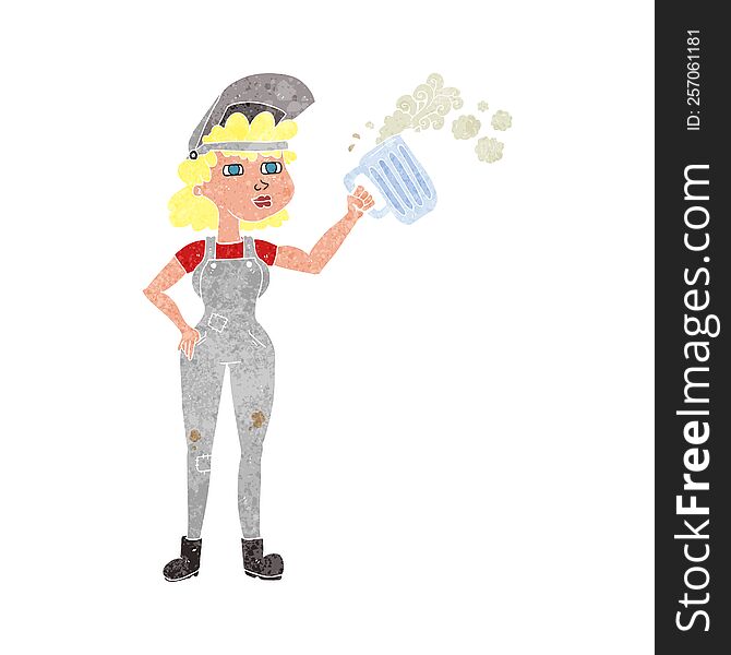 retro cartoon hard working woman with beer