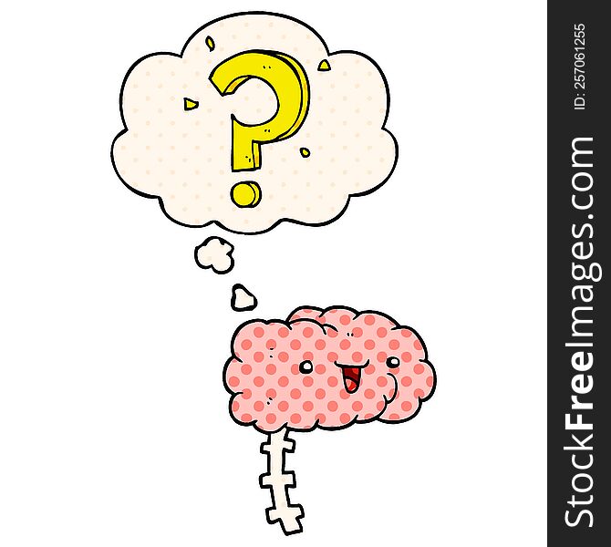 cartoon curious brain with thought bubble in comic book style