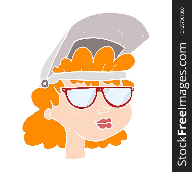 flat color illustration of a cartoon woman with welding mask and glasses