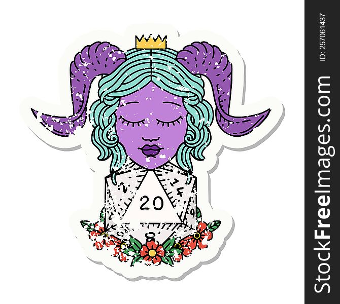 grunge sticker of a tiefling with natural twenty d20 dice roll. grunge sticker of a tiefling with natural twenty d20 dice roll