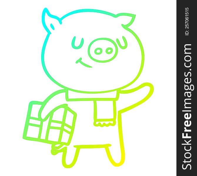 Cold Gradient Line Drawing Happy Cartoon Pig With Christmas Present