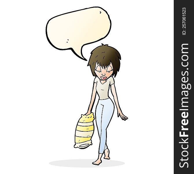 Cartoon Woman Going To Bed With Speech Bubble