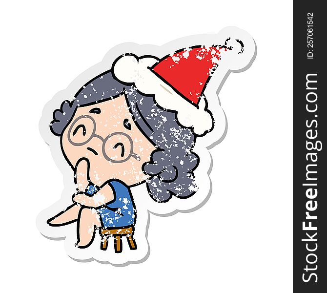 Christmas Distressed Sticker Cartoon Of Kawaii Lady