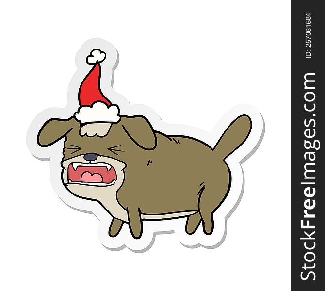 hand drawn sticker cartoon of a dog barking wearing santa hat