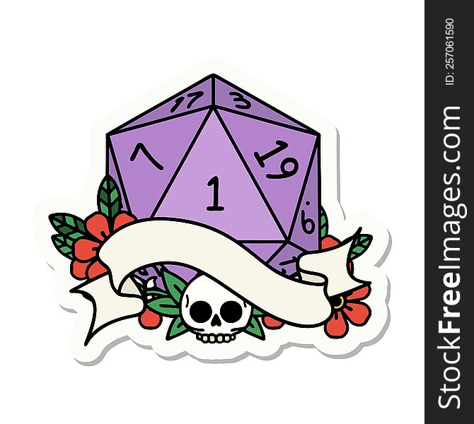 sticker of a natural one d20 dice roll. sticker of a natural one d20 dice roll