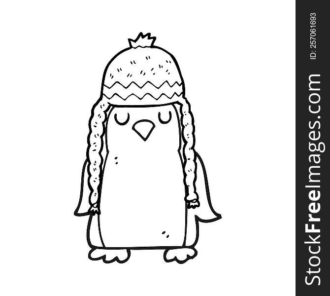 freehand drawn black and white cartoon robin wearing winter hat