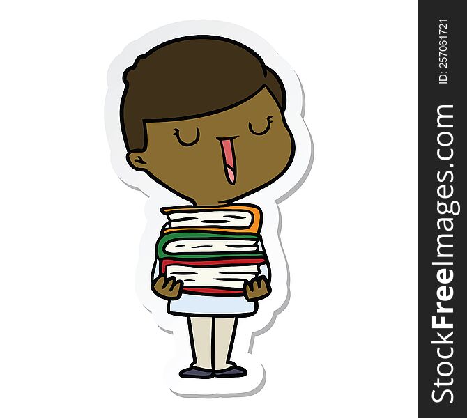 sticker of a cartoon happy boy with stack of books