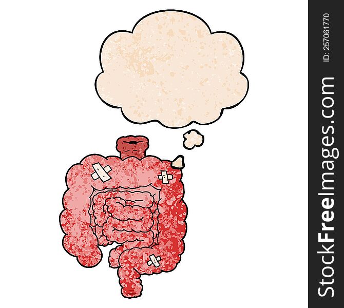 cartoon repaired intestines with thought bubble in grunge texture style. cartoon repaired intestines with thought bubble in grunge texture style