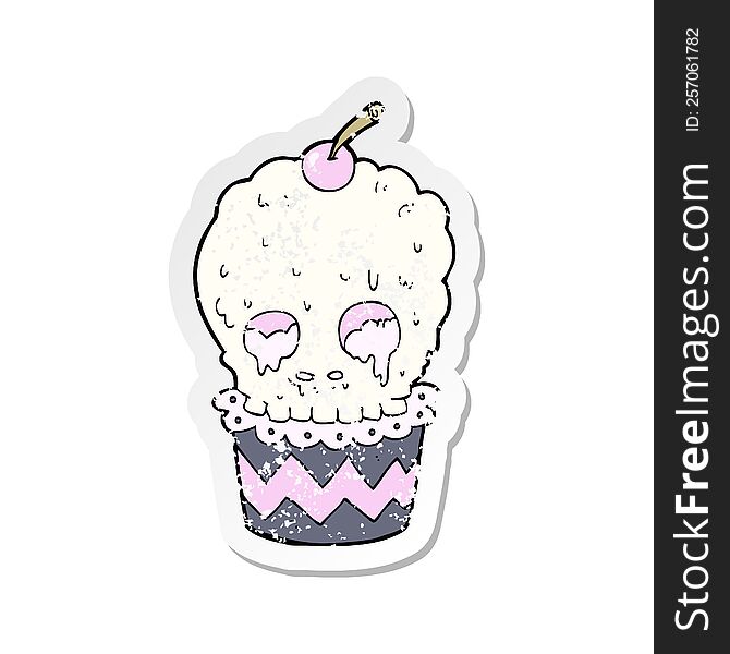 retro distressed sticker of a spooky skull cupcake cartoon