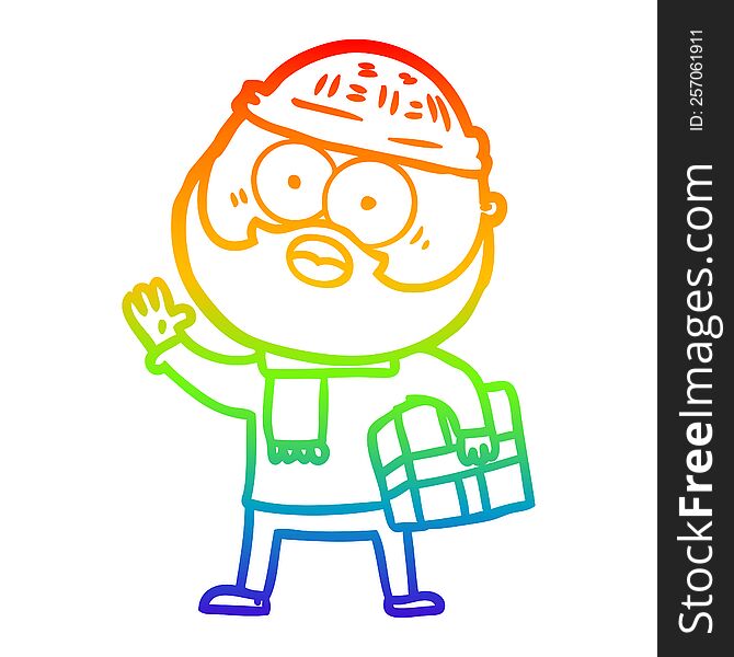 Rainbow Gradient Line Drawing Cartoon Bearded Man With Present
