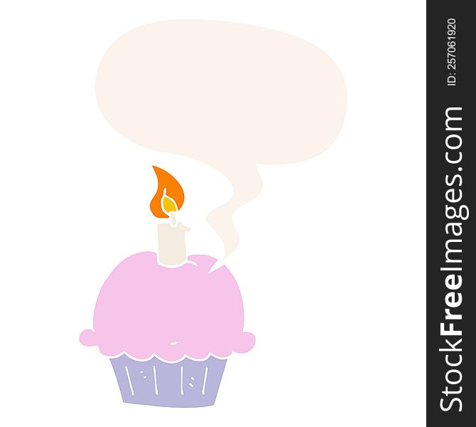 cartoon birthday cupcake with speech bubble in retro style