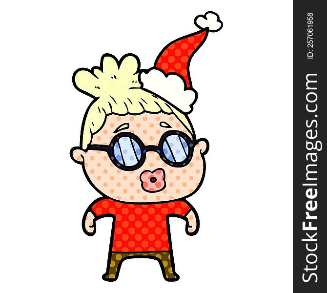 hand drawn comic book style illustration of a woman wearing spectacles wearing santa hat