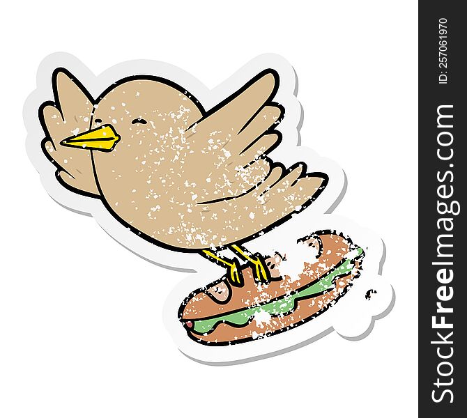 distressed sticker of a cartoon bird stealing sandwich