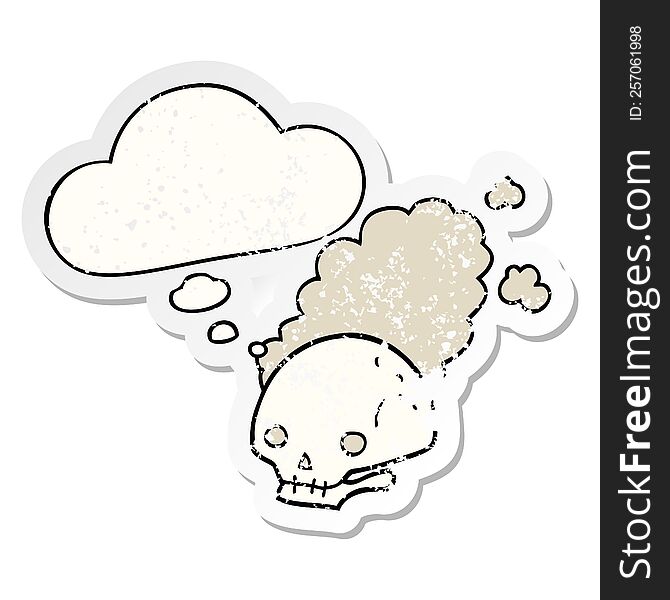 cartoon dusty old skull and thought bubble as a distressed worn sticker