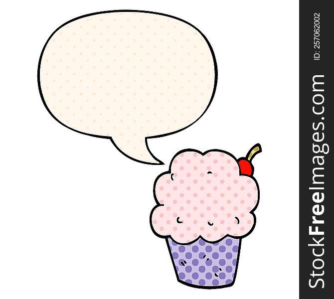 cartoon cupcake with speech bubble in comic book style