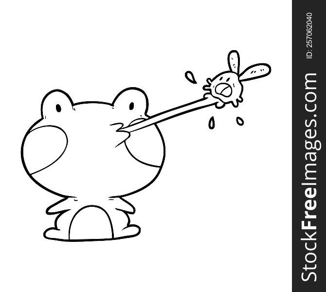 cute line drawing of a frog catching fly with tongue. cute line drawing of a frog catching fly with tongue