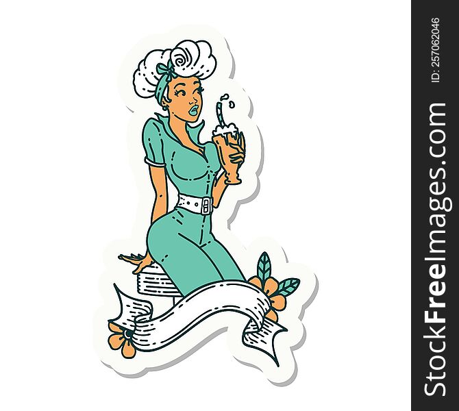 Tattoo Sticker Of A Pinup Girl Drinking A Milkshake With Banner