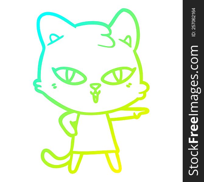 cold gradient line drawing of a cartoon cat in dress pointing