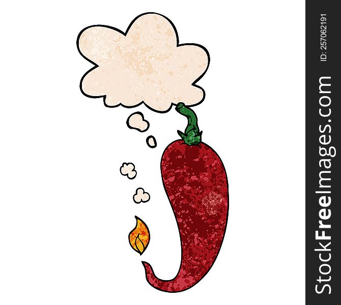 Cartoon Chili Pepper And Thought Bubble In Grunge Texture Pattern Style