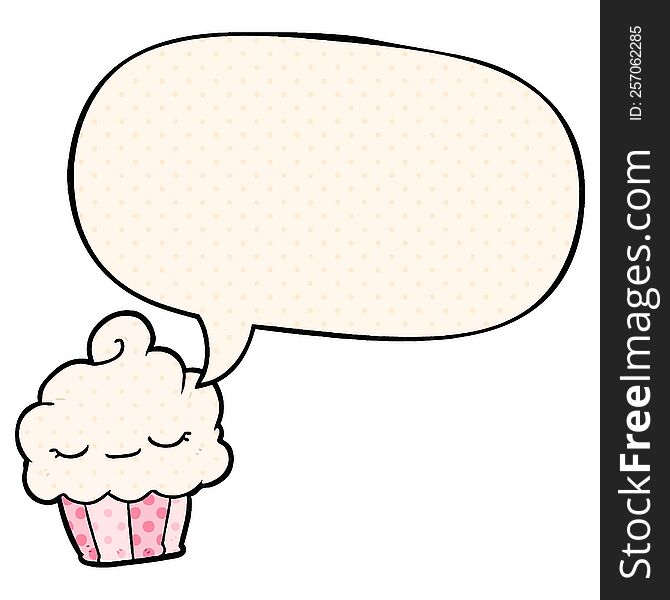 Funny Cartoon Cupcake And Speech Bubble In Comic Book Style