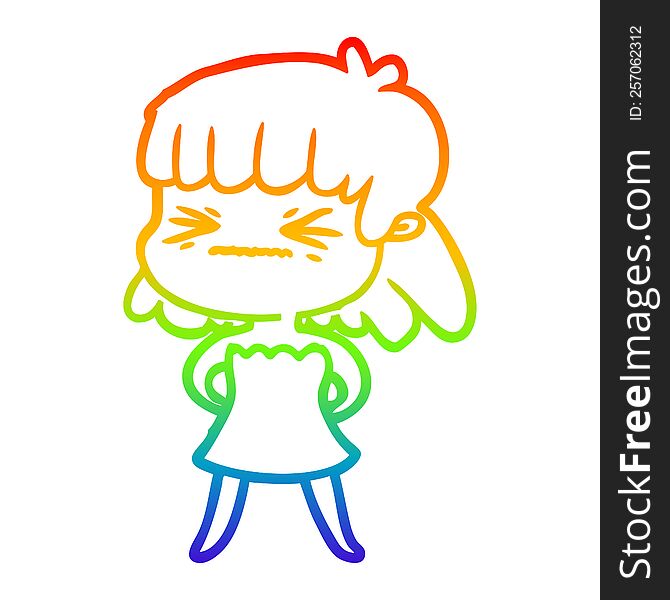 rainbow gradient line drawing of a cartoon angry girl