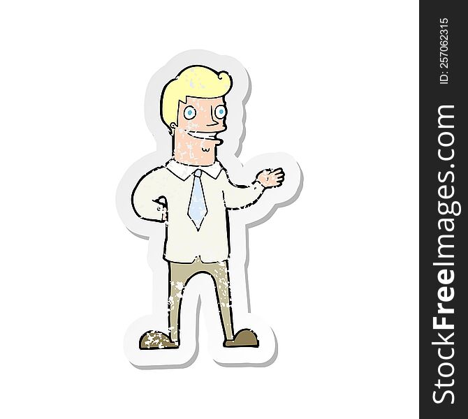 Retro Distressed Sticker Of A Cartoon Salesman
