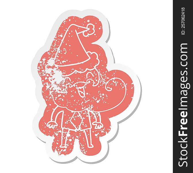 Hand Drawn Cartoon Distressed Sticker Of A Happy Bearded Man Wearing Santa Hat
