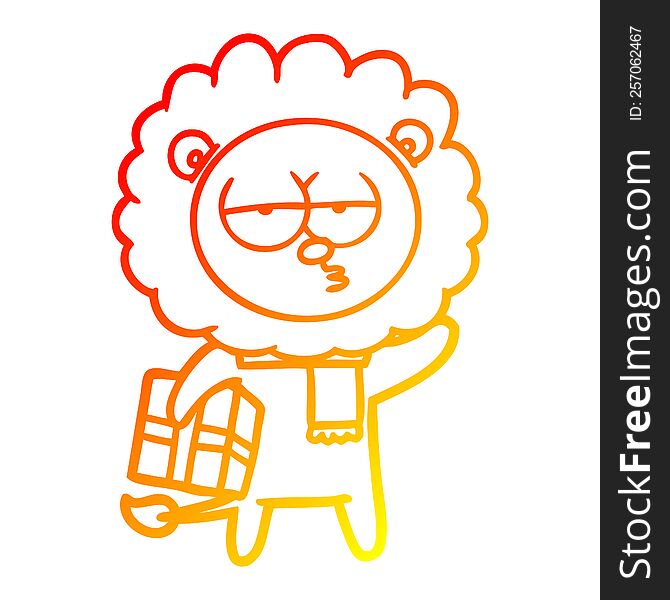 warm gradient line drawing of a cartoon tired lion with gift