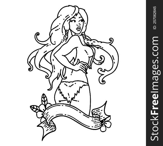 tattoo in black line style of a pinup viking girl with banner. tattoo in black line style of a pinup viking girl with banner