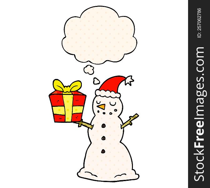cartoon snowman with present with thought bubble in comic book style
