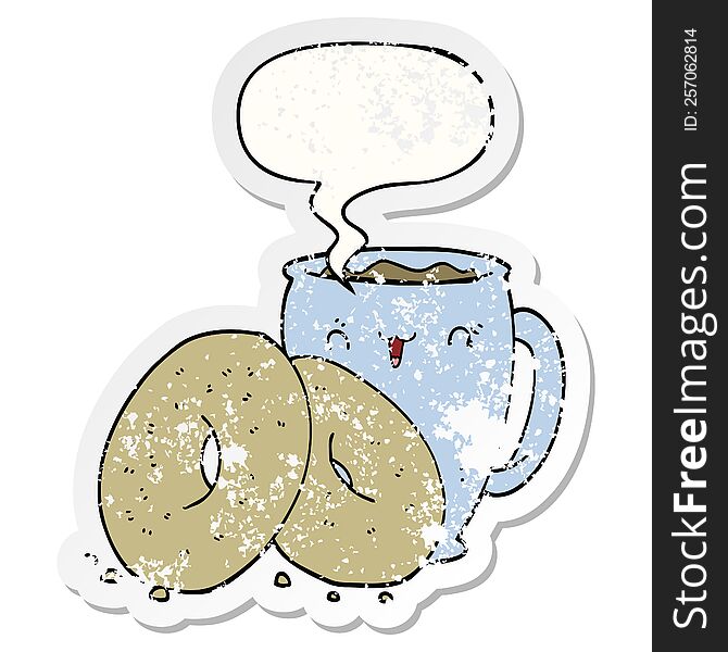 cartoon coffee and donuts with speech bubble distressed distressed old sticker. cartoon coffee and donuts with speech bubble distressed distressed old sticker