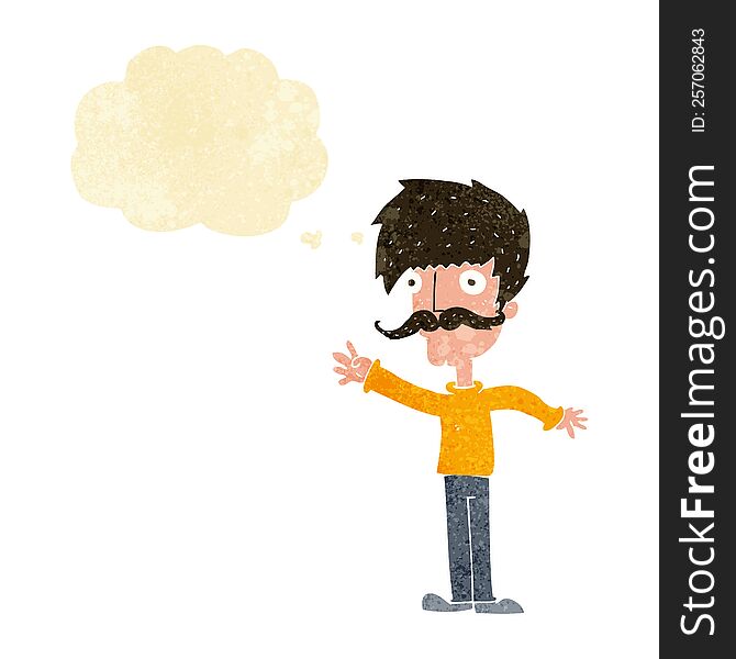 Cartoon Waving Mustache Man With Thought Bubble