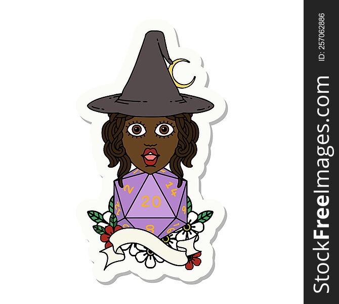 sticker of a human mage with natural twenty dice roll. sticker of a human mage with natural twenty dice roll