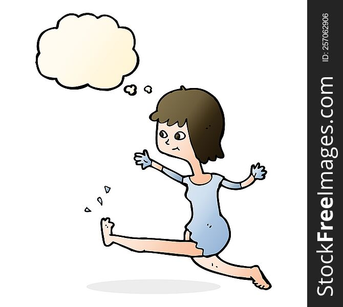 cartoon happy woman kicking with thought bubble