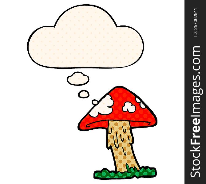cartoon mushroom with thought bubble in comic book style