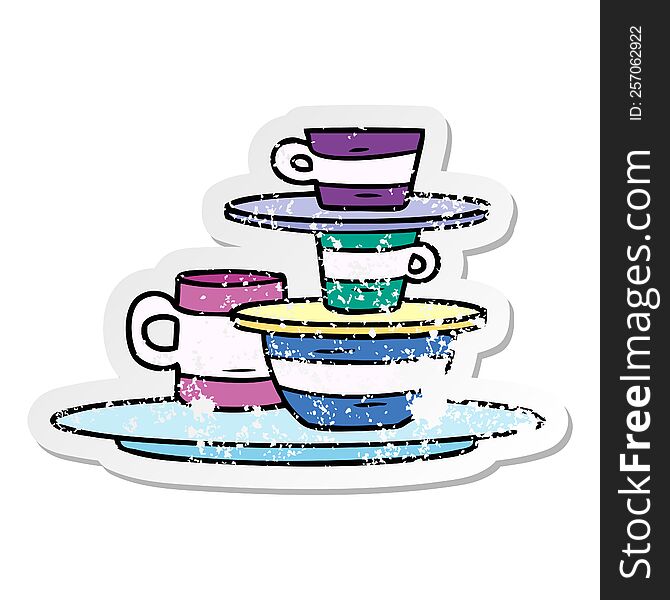 distressed sticker cartoon doodle of colourful bowls and plates