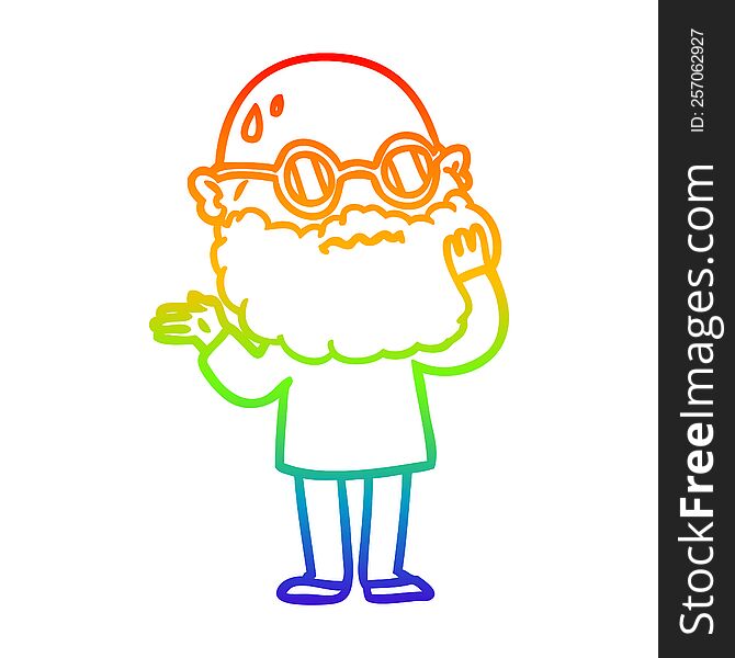 rainbow gradient line drawing of a cartoon worried man with beard and sunglasses