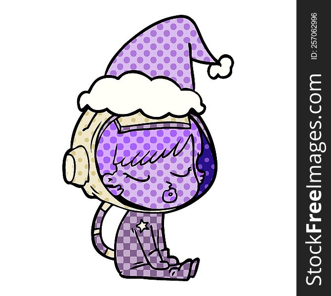 comic book style illustration of a pretty astronaut girl sitting waiting wearing santa hat