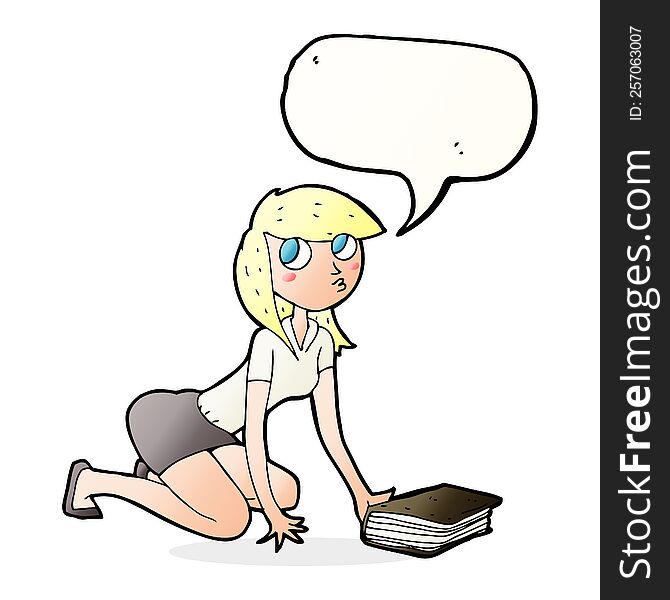 cartoon girl picking up book with speech bubble