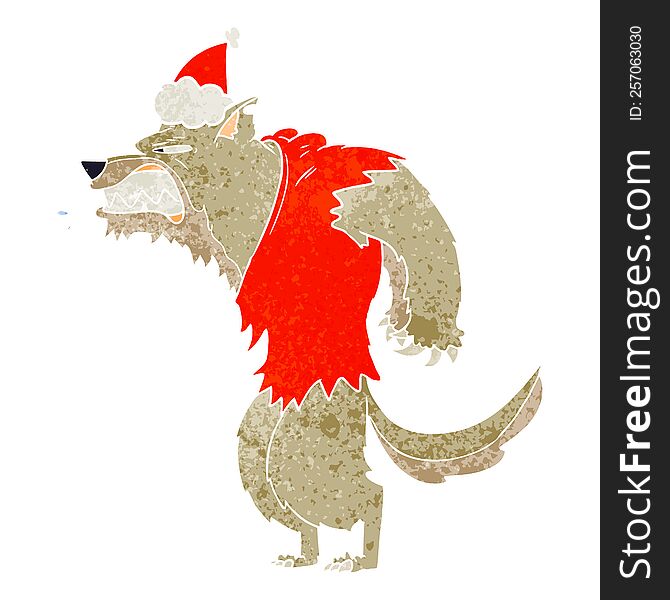 angry werewolf hand drawn retro cartoon of a wearing santa hat. angry werewolf hand drawn retro cartoon of a wearing santa hat